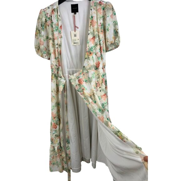 Alex Marie Pink Floral Wrap Midi Dress Tiered Puff Short Sleeves Sz 12 RD10175 - Picture 8 of 11